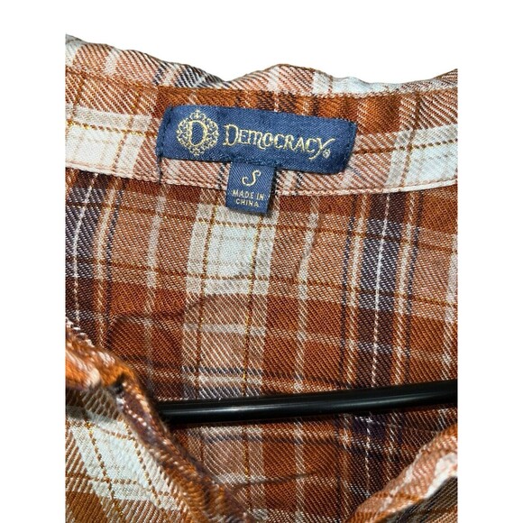 Democracy Top Womens Small Orange Tan Plaid Flannel Raw‎ Hem Button Up Boho - Picture 5 of 7